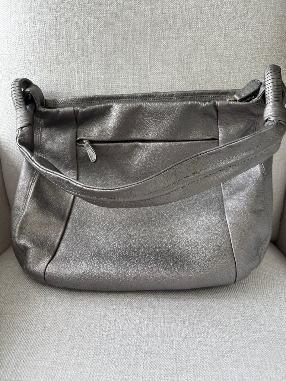 Derek Alexander Pewter Taupe Metallic Pebbled Leather Hobo Shoulder Bag